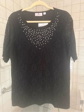 Quacker Factory Black Lace Short-Sleeve Top with Pearl Accents